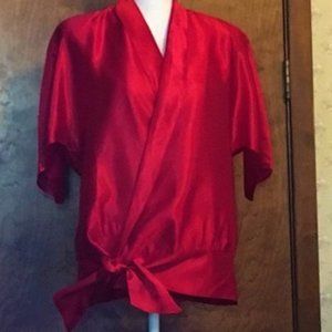 1980s Vintage Red Satin Knot Side Blouse with Cape Sleeves